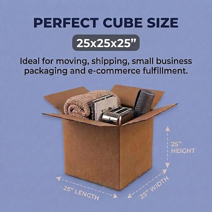 BOX USA Cube Shipping Boxes 25"L x 25"W x 25"H (10-Pack) - X-Large Corrugated Cardboard Packaging Boxes for Shipping, Packing, Moving, and Storage at Home, Office, or Business
