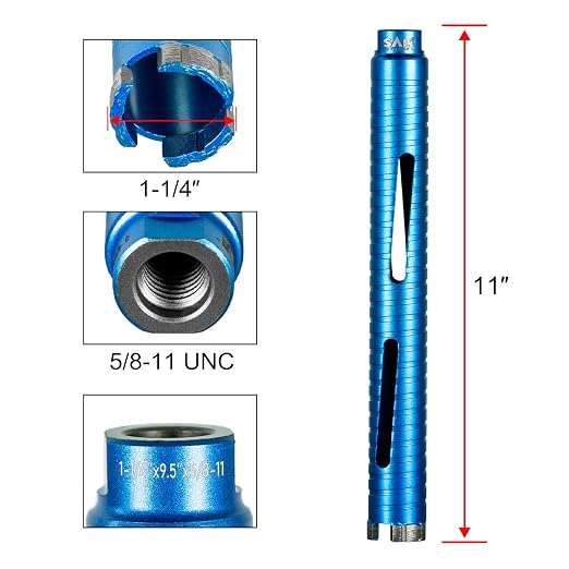 SALI Diamond Core Drill Bits 1 1/4" Diameter 10"/254mm Drilling Depth 5/8-11" Thread Core Bit Turbo Laser-Welded Segments for Cured Concrete with, Brick, Block, Masonry, with Two Adapters