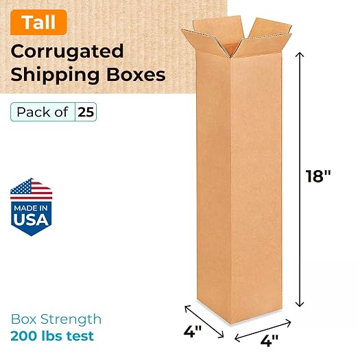 Tall Moving & Shipping Boxes 4"L x 4"W x 18"H (25-Pack) - Extra Strength 200 lb vs Regular - USA-Made Corrugated Moving Boxes - Durable Cardboard Box for Shipping by IDL Packaging -