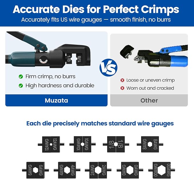 Muzata Upgraded Custom Hydraulic Crimping Tool Hydraulic Crimper with 9 Dies for 1/8" Stainless Steel Cable Railing Kit and 12 to 2/0 AWG Battery Cable Wire Rope Crimping Tool CT28