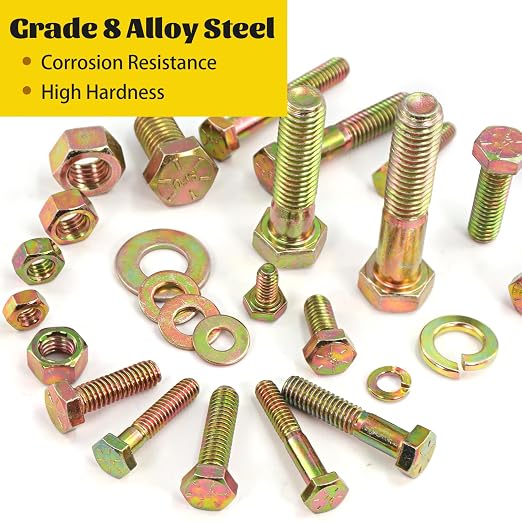 800PCS SAE Bolts and Nuts Assortment Kit,1/4-20, 5/16-18, 3/8-16, 1/2-13 Grade 8 Heavy Duty Hex Bolts Nuts and Washers Assorted kit,Yellow Zinc Plated