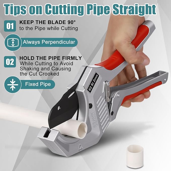 PVC Pipe Cutter 2.5 inch, Heavy Duty Pipe Cutter Tool with Aluminum Body, Manganese Steel Blades, Ergonomic Non Slip Handle and Safety Latchs for Cutting PVC, PPR, and PE Pipes
