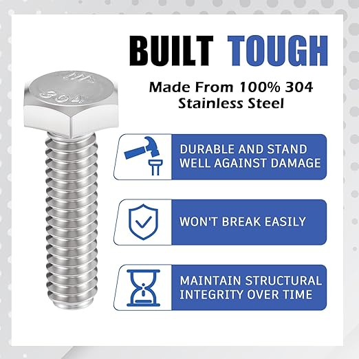 Zonon 50 Pcs 1/4-20 x 1 Hex Head Screw Bolt 18-8 (304) Stainless Steel Hexagon Bolts, Fully Threaded, Plain Finish, External Hex Drive (Silver)