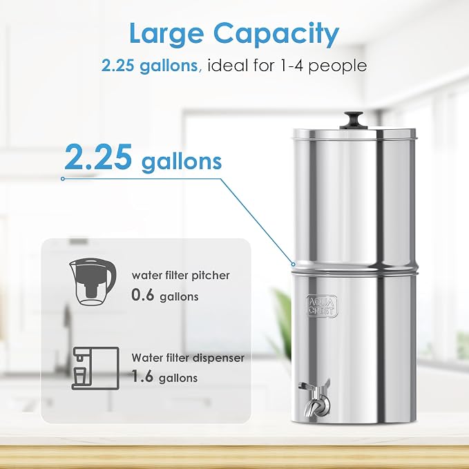 AQUA CREST TN-A Gravity Water Filter System, NSF/ANSI 42&372 Certified Black Carbon Filters, Reduce Lead and Chlorine, Stainless Steel Water System for Home, Camping, Emergencies, 2.25G