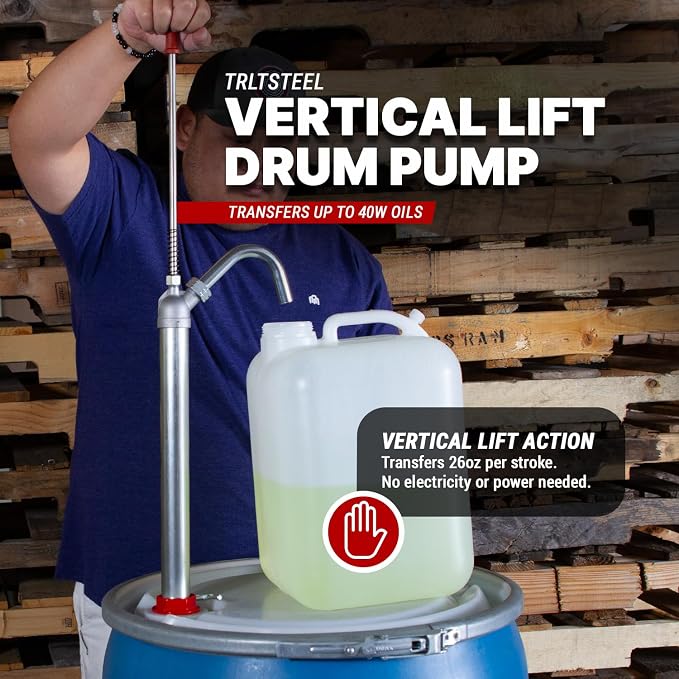 TERA PUMP - Steel Vertical Lift Drum Barrel Pump - Manual High-Efficiency Fluid Transfer for 15 to 55 Gal Barrels, 26oz per Stroke, Versatile for Antifreeze, Diesel, Kerosene and Other Thick Liquids