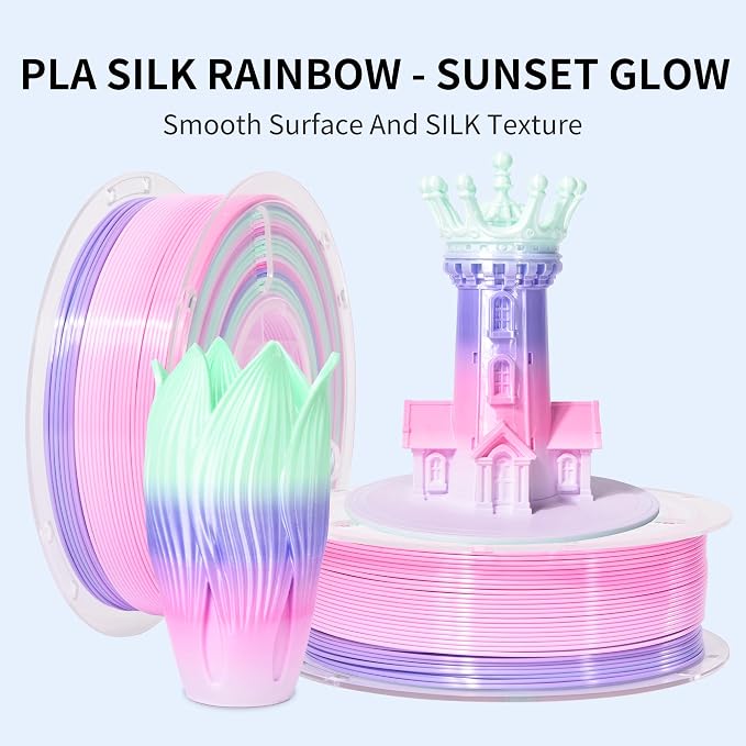 RAMBERY 3D Printer Filament 1.75mm Silk Rainbow PLA Filament Fast Color Change Multi-Color 3D Printing Filament, Pink Purple Mint Green, 1kg(2.2lbs)