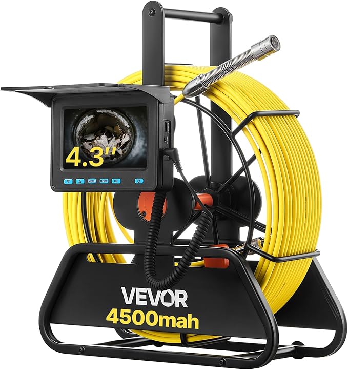 VEVOR Sewer Camera, 66 ft/20m, 4.3" Drain Inspection Camera, IP68 Waterproof Snake Plumbing Camera with Lights - 6 Adjustable LEDs, 4500mAh Battery & 16GB Card for Sewer Line Duct Pipes