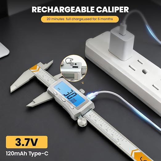 Digital Caliper, Rechargeable Caliper Measuring Tool with Backlight LCD Screen,Vernier Dial Caliper Stainless Steel with Auto-Off Feature,Inch Metric Fraction Conversion, for Jewelers/Woodworkers/DIY