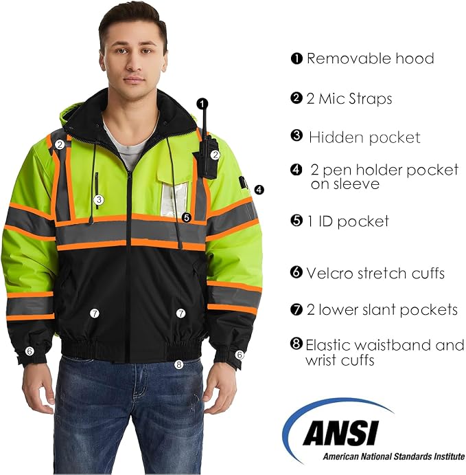SKSAFETY High Visibility Reflective Jackets for Men, Waterproof Class 3 Safety Jacket with Pockets, Hi Vis Yellow Coats with Black Bottom, Mens Work Construction Coats for Cold Weather, S,Yellow