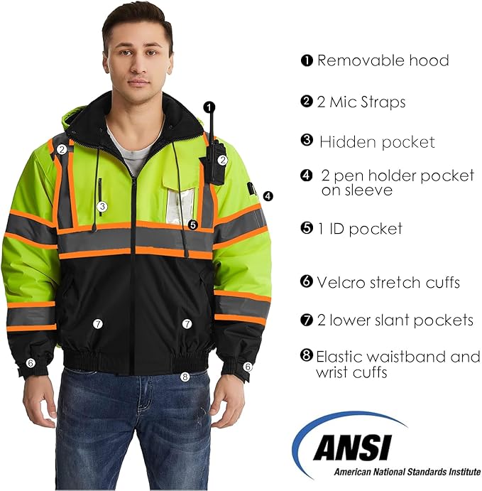 SKSAFETY High Visibility Reflective Jackets for Men, Waterproof Class 3 Safety Jacket with Pockets, Hi Vis Yellow Coats with Black Bottom, Mens Work Construction Coats for Cold Weather, L,Yellow