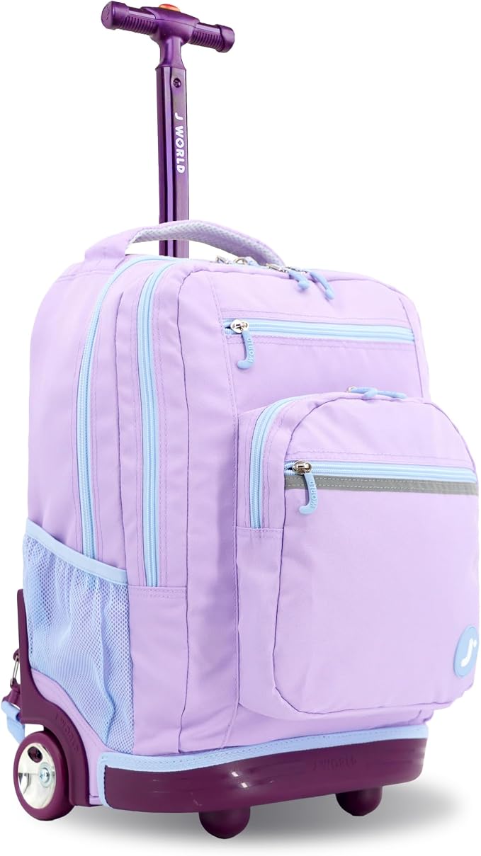 J World Sundance Laptop Rolling Backpack for Girls Boys. Roller Bookbag with Wheels, 20 Inch, Purple