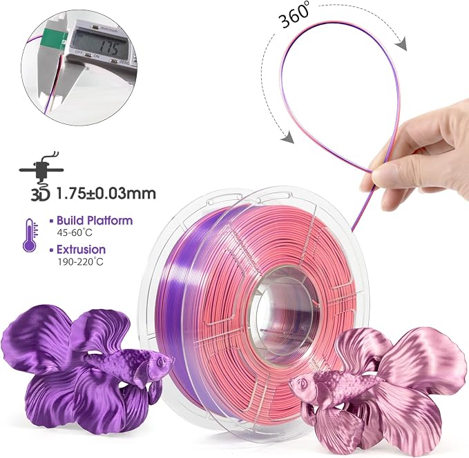 iSANMATE 3D Printer Filament, PLA Filament 1.75mm Dual Color Filament, Shiny Silk PLA Coextruded Filament, 3D Printing Filament Magic PLA,1 kg/Spool (Purple and Pink)