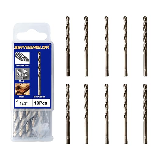 1/4 inch Cobalt Drill Bit for Metal and Hard Steel(10pcs), M35 High Speed Steel Twist Jobber Metal Drill Bits,with Index Storage Case