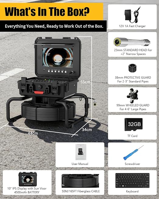 Sewer Camera Self Leveling with 512Hz Sonde & 50m/165ft 7mm Cable, 10" IPS 1080P Drain Camera Pipe Inspection Equipment with DVR Recorder, Keyboard & Meter Counter for Plumbing Professionals