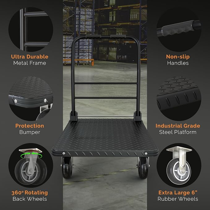 2200 lbs. Capacity Foldable Push Cart Dolly | Moving Platform Hand Truck | Heavy Duty Space Saving Collapsible | Swivel Flat Bed Wagon - Furniture Luggage Lifting