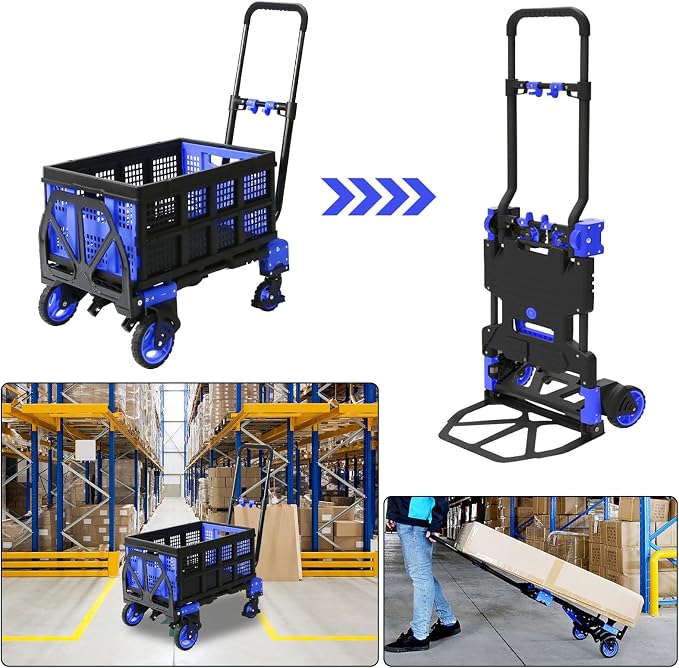 2 in 1 Folding Hand Truck with Folding Basket,Heavy Duty Hand Truck Dolly 330lbs Capacity with Telescoping Handle and Rubber Wheels,Portable Dolly Cart with Bungee Cords for Moving