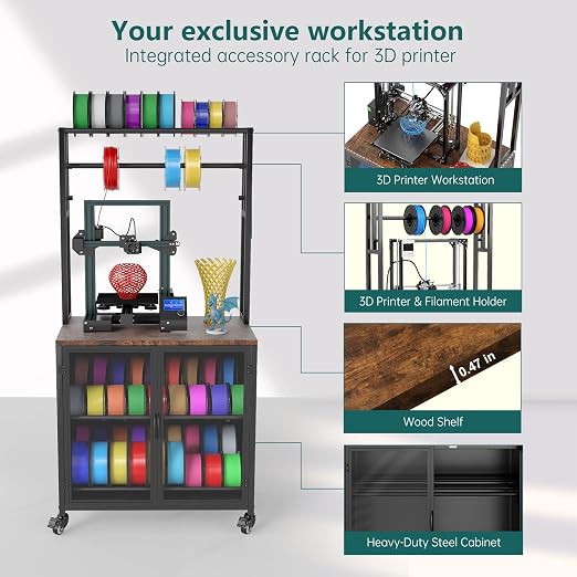 3D Printer Stand with Filament Storage, 29.5" x 18.9" Dustproof and Moisture-Proof Heavy Duty Large 3D Printer Table Cart with 360°Rolling & Cabinet for Workshop Studio Office (Rustic Brown)