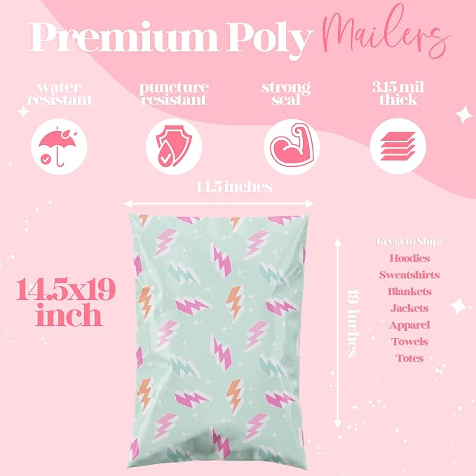 Pretty Package Store Designer Poly Mailers, 10x13, Lightning Bolt, 100 Pack | Heavy Duty, Waterproof, Self Seal, Tear Resistant, Shipping Bags for Small Business Packaging, Bulk Mailing Envelopes