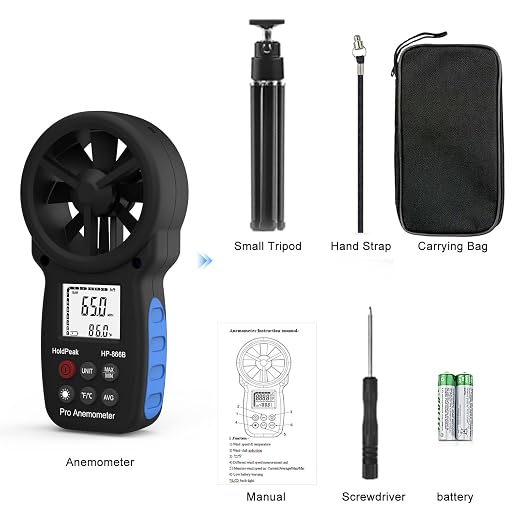 HoldPeak 866B Handheld Anemometer with Tripod, Digital Wind Speed Gauge Meter, Air Flow Velocity Temperature CFM Measuring Device for HVAC Outdoor Sailing Shooting Golf