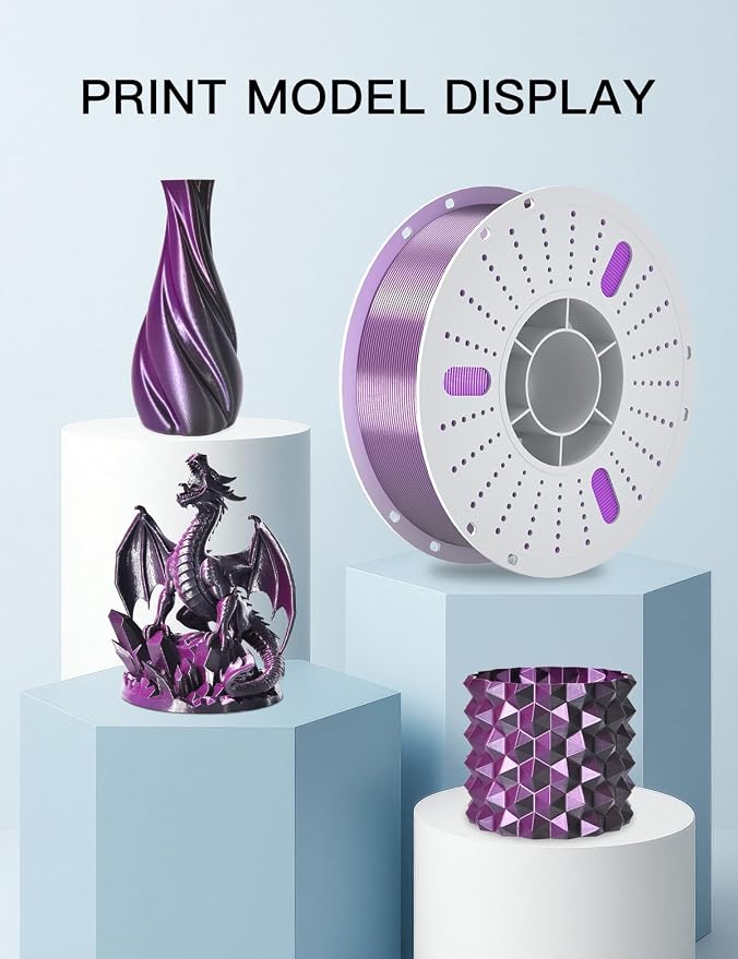 PINBALL Silk PLA 3D Printer Filament 1.75mm Shiny Silk Dual Color Filament 3D Printing PLA Filament Dimensional Accuracy +/- 0.02mm 1 KG Silk Dual Color Black-Purple