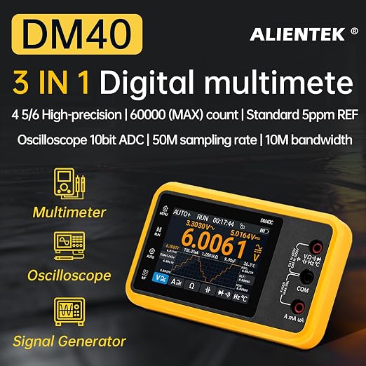 DM40A/B/C Digital Multimeter 59999 Counts, 4.5-Digit Rechargeable 3 in 1 Handheld Oscilloscope Multimeter Signal Generator,50M Sample Rate, Diode Test Automotive Tools (DM40A)