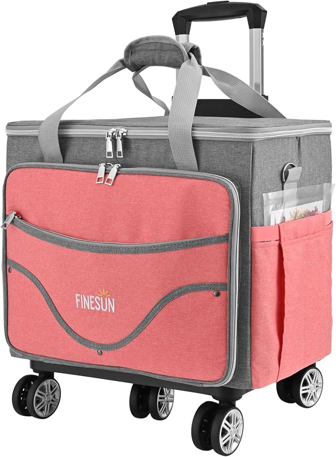 Rolling Teacher Tote Bag with Wheels, Heavy Duty Wheeled Craft Organizer Bag, Portable Art Scrapbook Storage Cart, Travel Office Carry Tote for Women Teachers Craft Supplies Storage Pink