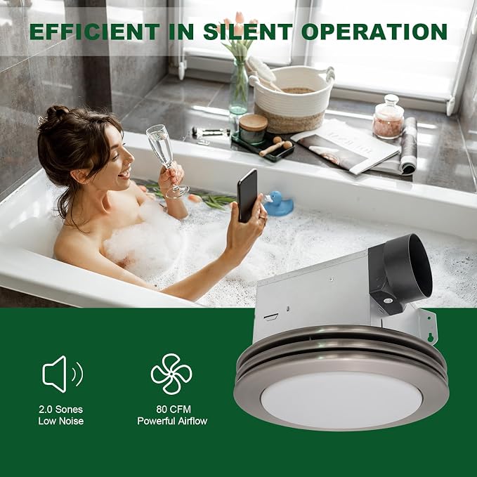 Akicon Bathroom Exhaust Fan with Shower Light, 80 CFM 2.0 Sones Round Bathroom Fan Light Combo, Dimmable 3CCT LED Lights Vent Fans with Acrylic Cover for Shower Room, Home (Brushed Nickel)