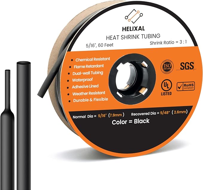 5/16" Heat Shrink tubing, 3:1 Ratio Wire Heat Shrink Tubing Industrial and Marine Grade, Dual Wall Adhesive Lined Wire Shrink Wrap Tubing, Waterproof Heat Shrink Tube - Black, 60 Feet Roll