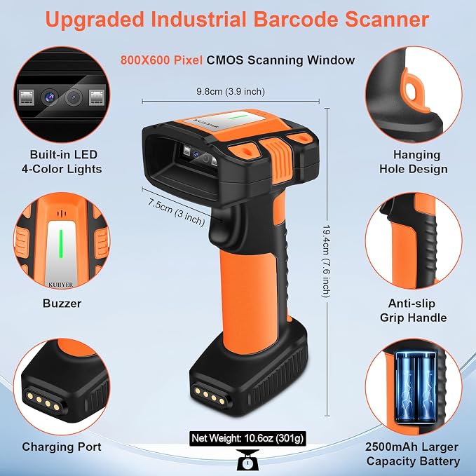 KUIIYER 1D QR 2D Industrial Barcode Scanner with Upgraded Charging Dock, Wireless Bluetooth Professional Bar Code Scanners, USB Plug & Play Handheld Barcode Reader for iPhone, Android, Computers & POS
