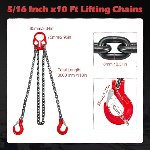 Pindex 5/16 Inch x 10 Ft 7000lbs 3.18 Tons G80 Chain Sling with Adjuster Hooks,Adjustable Length and Angle for Safe Towing