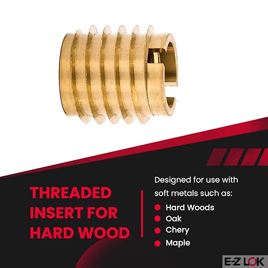 E-Z LOK Knife Threaded Insert for Hard-Wood, Brass Thread Inserts 3/8-16 Internal Threads, 0.625" Length Pack of 10