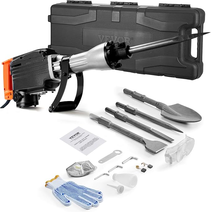 VEVOR Demolition Jack Hammer 2200W Electric Jackhammer Concrete Breaker | For Concrete Demolition, 1350 BPM, 360° Rotary Handle, Heavy Duty, Portable, with 4pcs Chisels Bit and Storage Case, Black