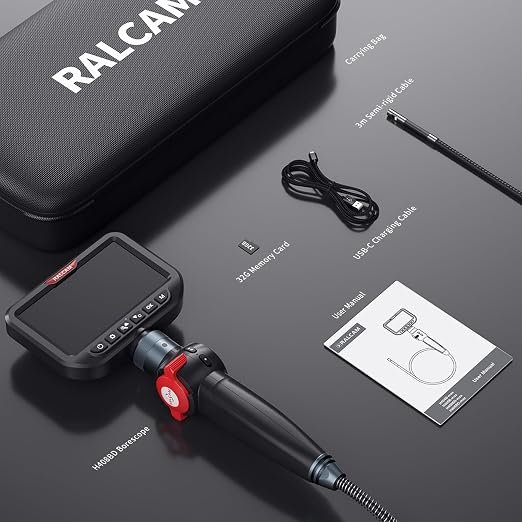 RALCAM Dual Lens Articulating Borescope, 10FT Semi-Rigid Inspection Camera with 5" HD Screen, 8.5mm Slim Waterproof Probe, Two-Way Endoscope Camera with Light for Automotive, HVAC, Pipes