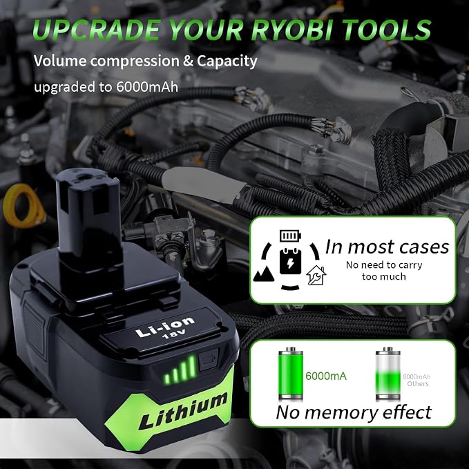2 Packs 6.0Ah 18V Battery Replacement for Ryobi 18V Lithium-Ion Battery, Compatible with Ryobi 18 Volt Batteries Cordless Power Tools