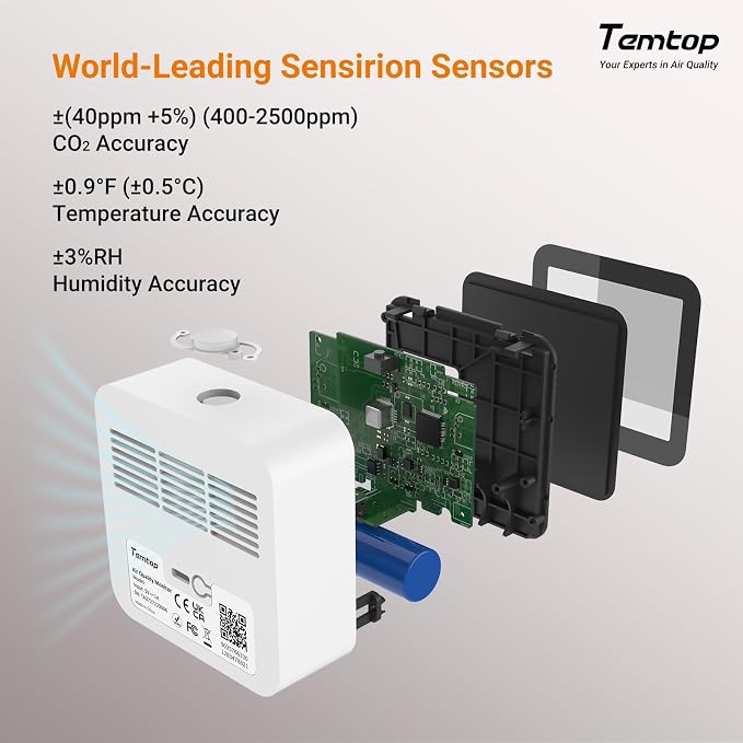 Temtop CO2 Monitor Indoor Air Quality Monitor 3 in 1 CO2 Meter(Temperature, Humidity and CO2), 180 Days Standby Time