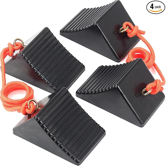 OULEME Heavy Duty Rubber Wheel Chocks with Eyebolt, Solid Wheel Stoppers for Camper, Travel Trailer, RVs, Truck, and ATV, Anti-Slip and Anti-Oil Design, 8"x5"x4"(4-Pack)