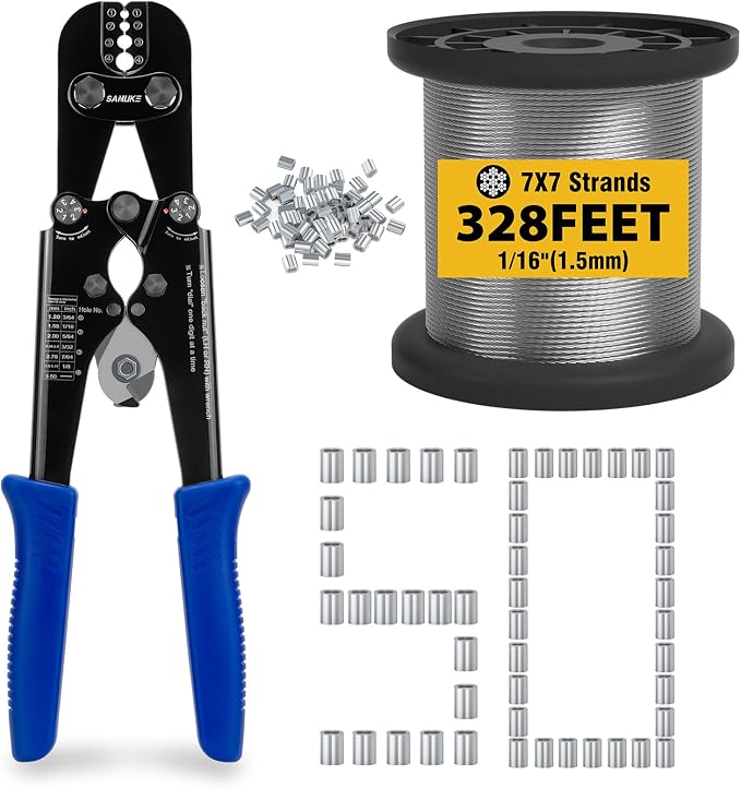 Sanuke Wire Rope Crimping Tool Kit, Professional Wire Rope Crimper and Cutter with 328ft 1/16" Steel Cablefor Aluminum Oval Sleeves, Double Sleeves, Crimping Loop Sleeves from 3/64-inch to 1/8-inch