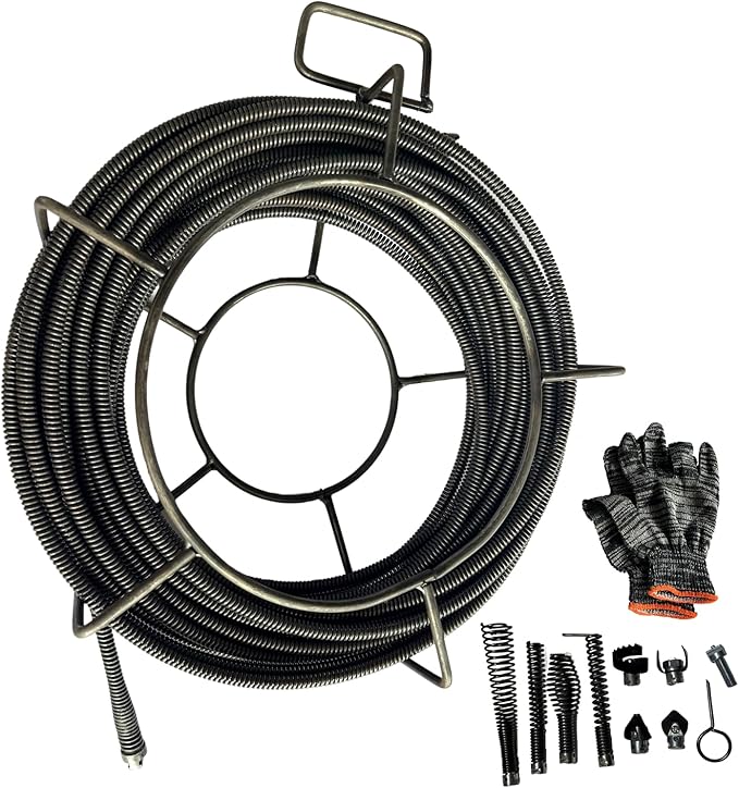 Drain Cleaning Cable 100 Feet x 3/8 Inch, Hollow Core Steel Sewer Cable with 8 Cutter for 1.6" to 4" Pipes, Sewer Auger Cleaner Cable for Sink, Floor Drain, Toilet (100 Feet x 3/8 Inch)