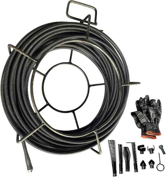Drain Cleaning Cable 1/2 inch x 50 ft, Hollow Core Steel Sewer Cable with 8 Cutter for 2" to 4" Pipes, Sewer Auger Cleaner Cable for Sink, Floor Drain, Toilet (50 Feet x 1/2 Inch)