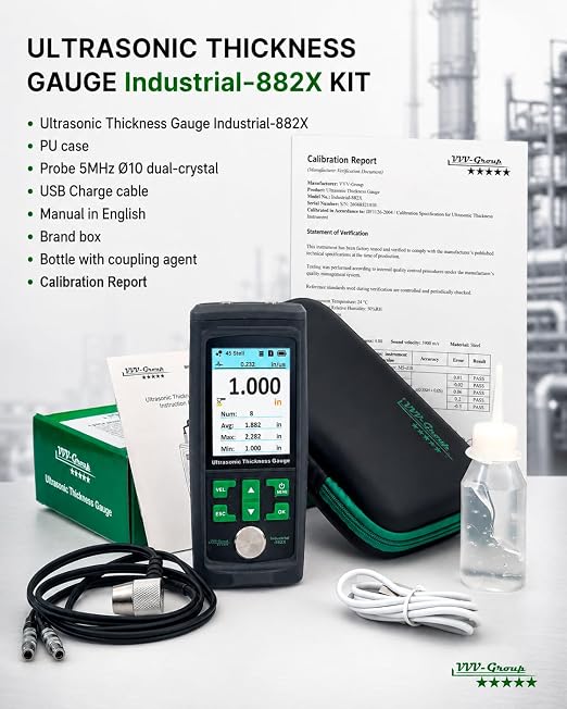 Ultrasonic Thickness Gauge Industrial-882X / Steel, Metals, Plastic, Glass, PVC, Pipes Thickness Gauge Meter – Range 0.039 to 11.811 inch (1-300mm) | Color LCD