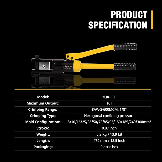 16T Hydraulic Crimping Tool 8AWG-600MCM Cable Crimping Tool 0.87 inch Stroke Hydraulic Lug Crimper Electrical Terminal Crimper with 13 Pairs of Die Sets, YQK-300