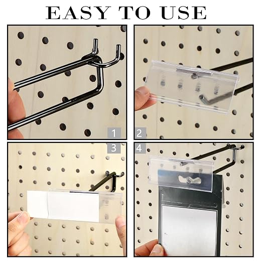 Tandefio 50 Pack 6 Inch Black Metal Peg Board Hooks with Clear Plastic Label Holder Stainless Steel Display Pegboard Hooks for 1/8'' to 1/4'' Pegboard Wall for Garage Storage Retail Shop Supplies