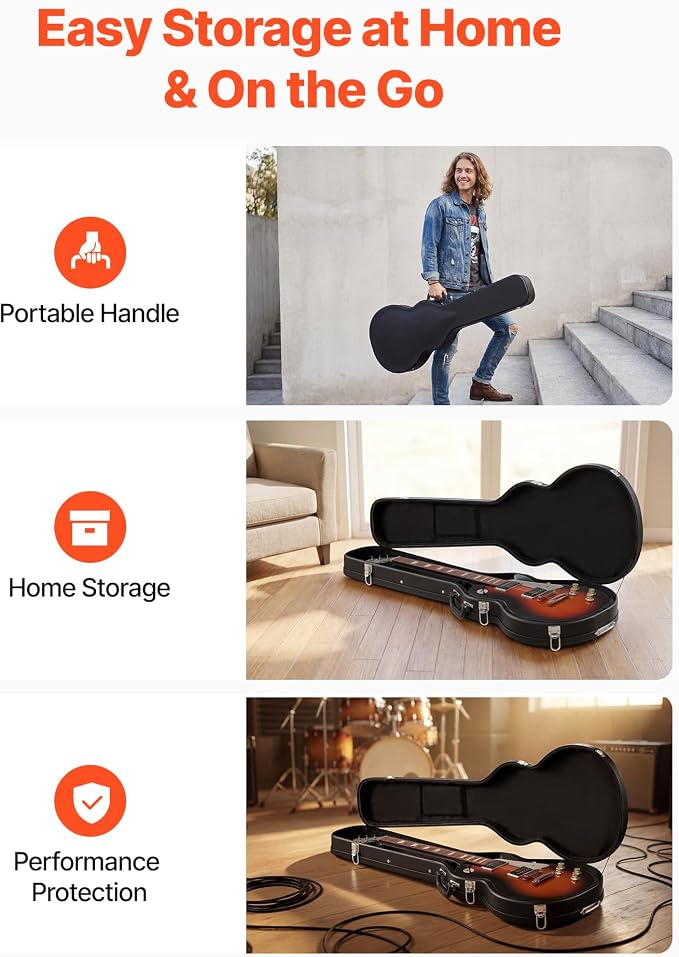 VEVOR Electric Guitar Hard Case, 42.2 Inch, Wooden Hard-Shell Protective Carrying Case with Lock Latch, Sponge Lining, Keys, Accessory Compartment, Water-Resistant, for 39 Inch Les Paul Guitars, Black