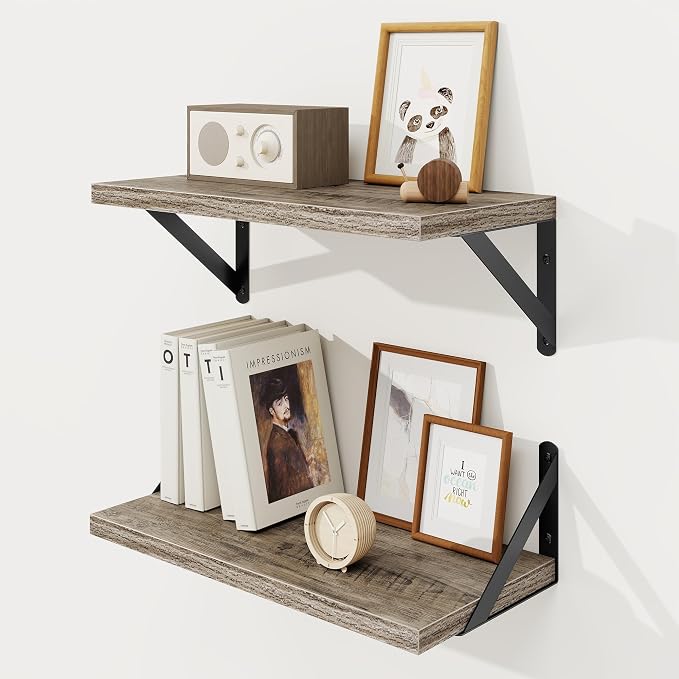 Floating Shelves 8 Inch Deep, 16W x 8D Wall Shelf Set of 2, 35 lbs Heavy Duty Reversible Metal Brackets, Industrial Book Shelf for Living Room Kitchen Bathroom Bedroom Gallery Wall, Grey