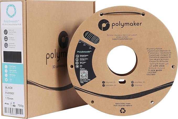 Polymaker PolySmooth PVB Filament 1.75mm 0.75kg Black - Print Like PLA Filament, Easy Smoothable Post Process with IPA Alcohol