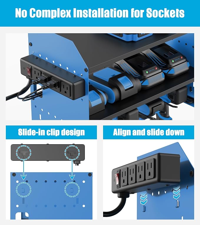 CCCEI Modular Power Tool Organizer Wall Mount with Charging, Blue, 1 Pack | Drill & Battery Storage Rack with Peg Hooks, Garage Workshop, Gifts for Men, Husband, Anniversary, Birthday