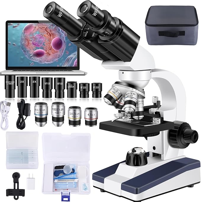 Microscope for Adults WF10x and WF25x eyepieces Compound Microscope with Microscope Slides, Microscope Kit for Kids Students Home School