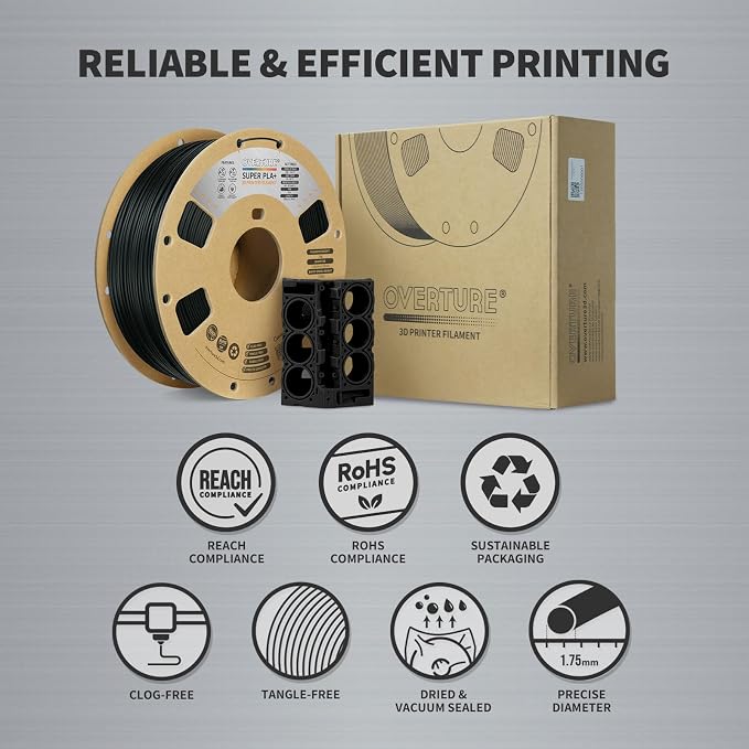 OVERTURE Super PLA+ Filament 1.75mm, Toughness Enhanced PLA Plus, Professional Toughness 3D Printer Filament 1kg (2.2lbs), High Precision +/- 0.02mm (Black)
