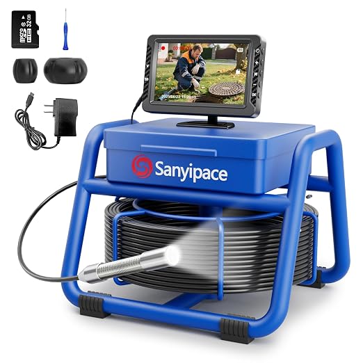Sanyipace Sewer Camera,5" HD Screen,18mm Pipeline Inspection Camera with 8 LEDs Light,32GB DVR Function, 1080P IP68 Waterproof Drain Camera for Sewer Line,Home,Drain Pipe Plumbing(Blue,100ft/30m,5mm)