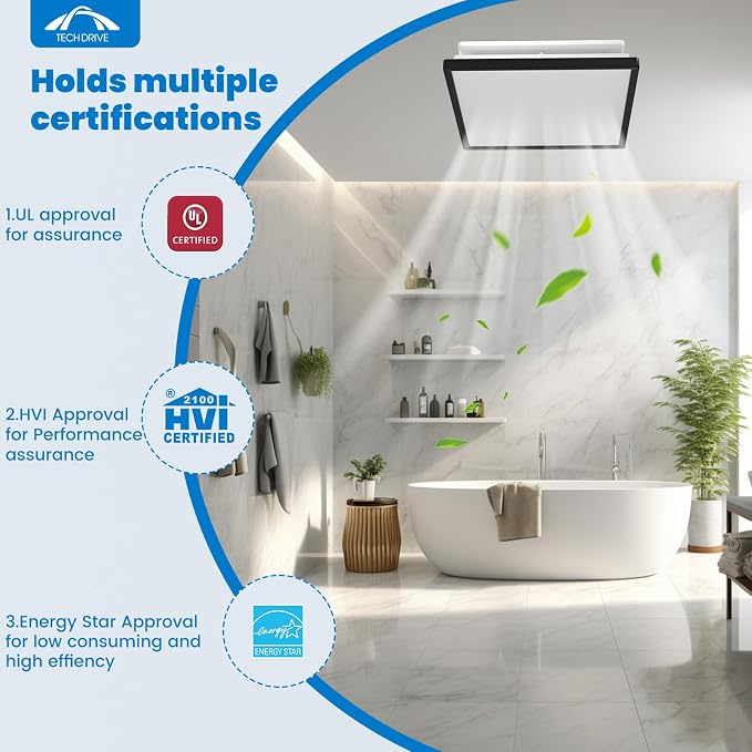 Tech Drive Bathroom Fan with Light And Night Light,80 CFM,4 Inch Duct | 1000lm Dimmable 5CCT LED Light, HVI and Energy Star Certified, Decorative Black Trim, Easy to Install